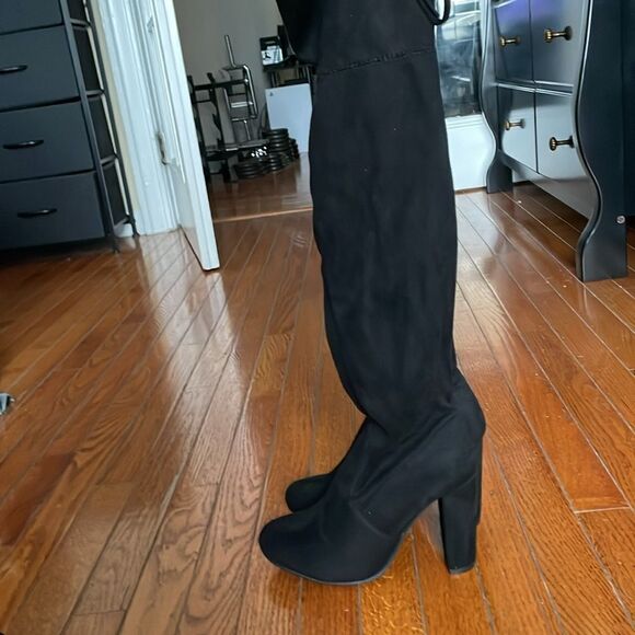 High heel Knee high solid black soft suede boots tie up autumn party block heels - Picture 12 of 13